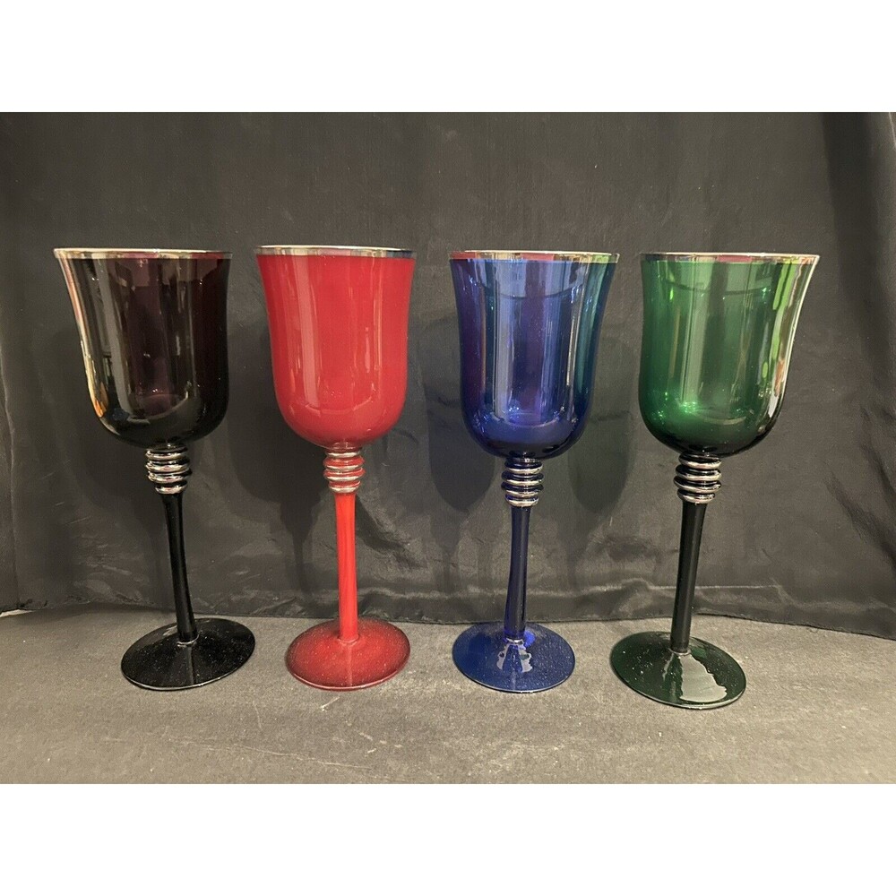 Bombay Crystal Wine Goblet Set – 4 Gem-Colored Glasses – NIB